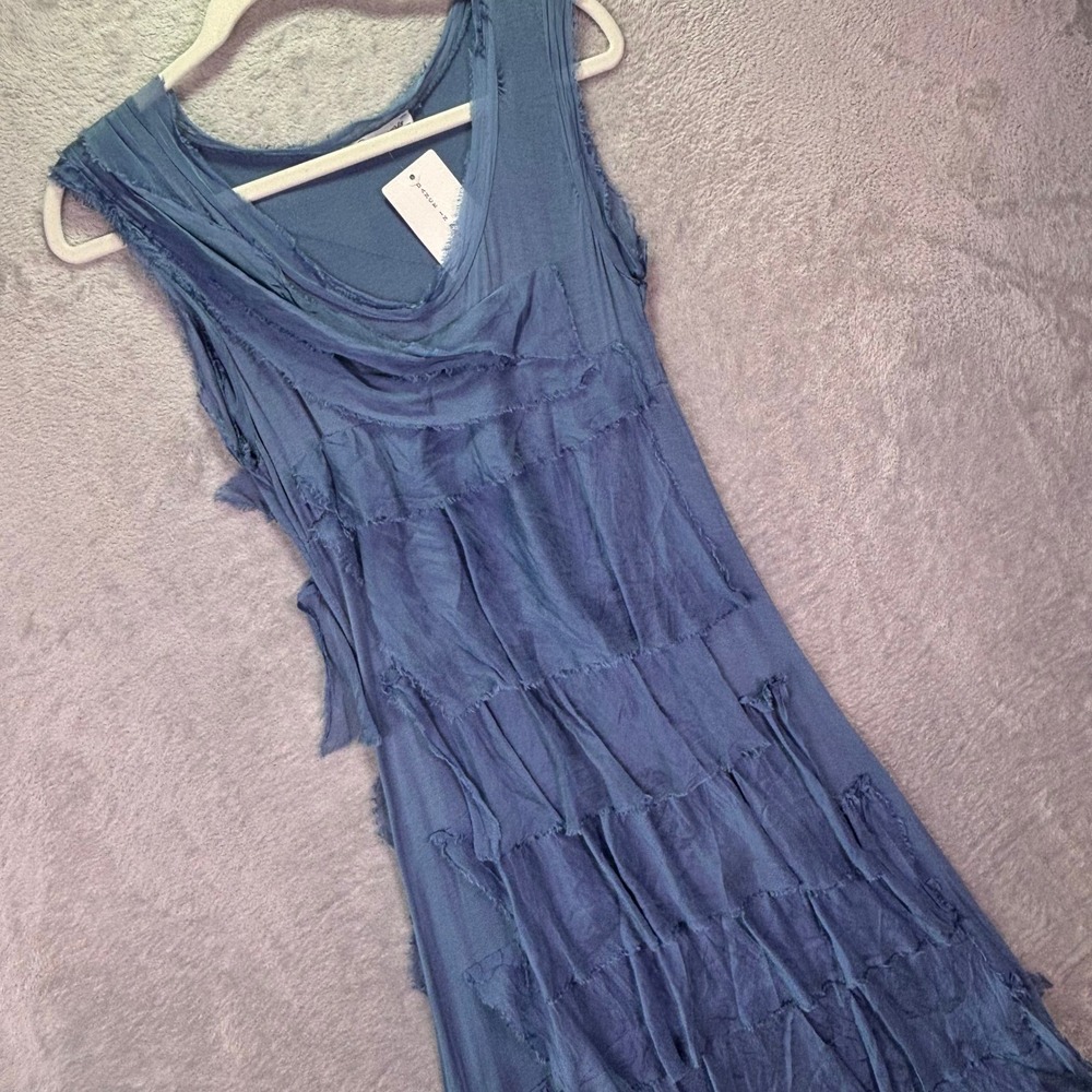 Dance in Paris Women Dress One Size Denim Blue Percy‎ Silk Blend Ruffle Maxi